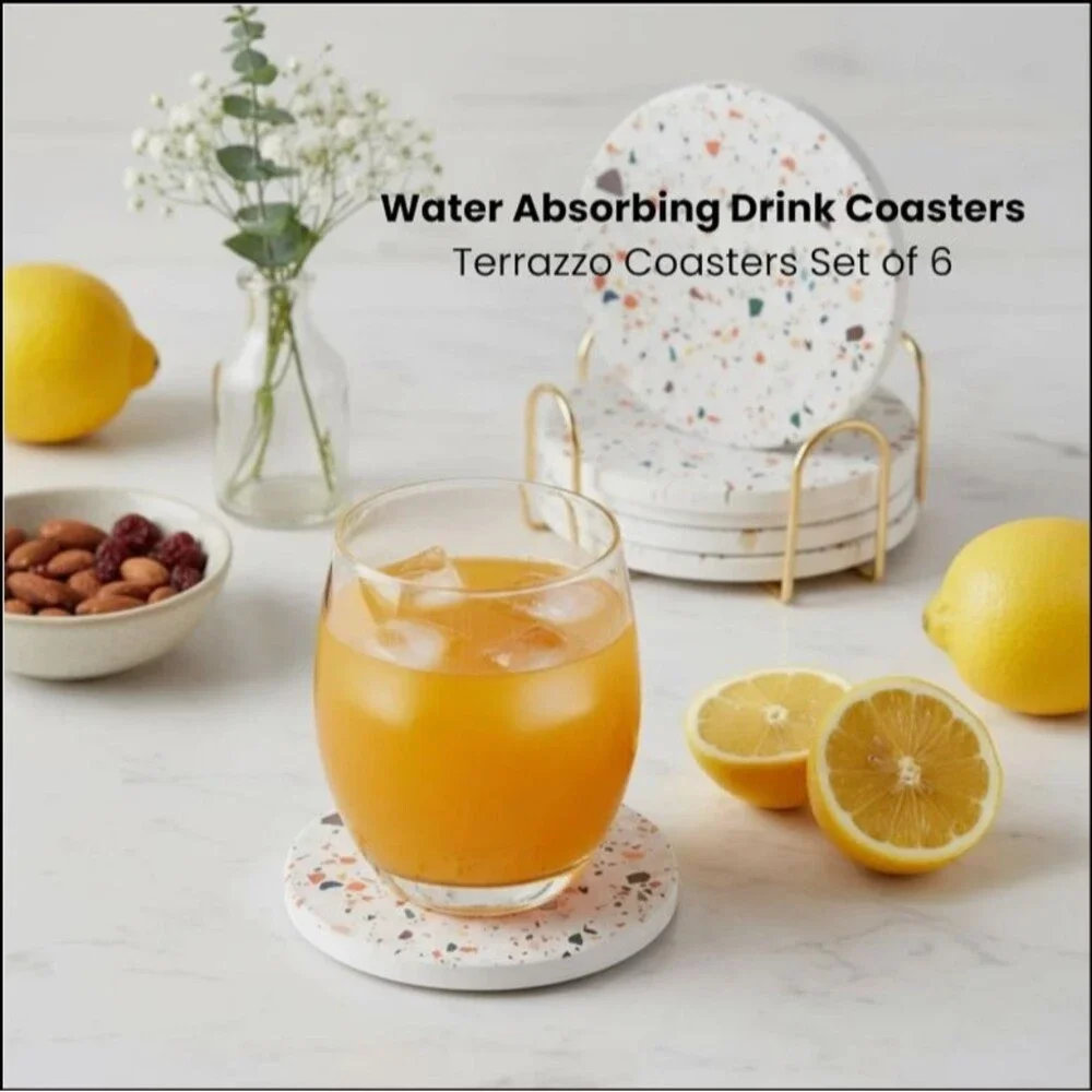 NIB Terrazzo Drink Absorbent Coasters with Holder Set of 6, Ceramic Coasters